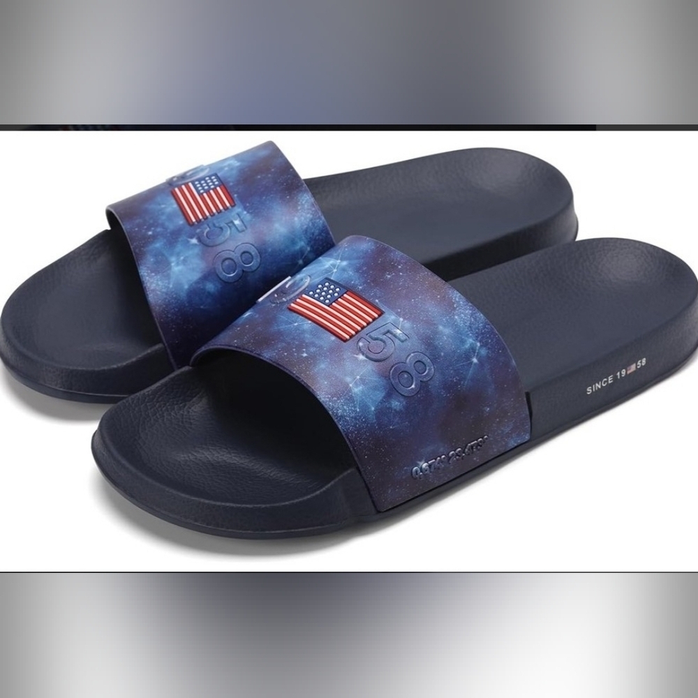 Mens Patrioticl Blue Slide Sandals with Flag Accent
